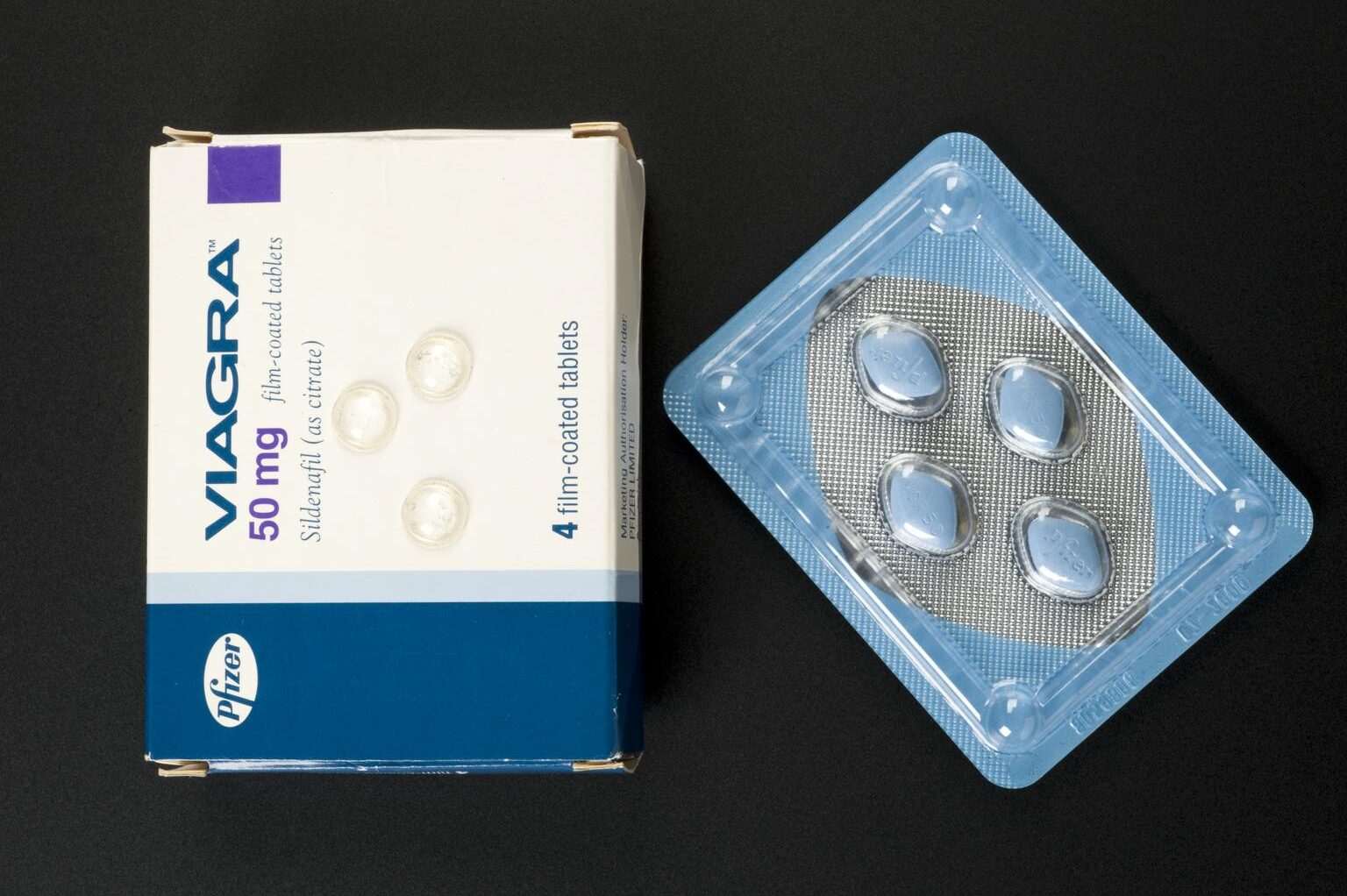 Carton of four Viagra (Sildenafil citrate) tablets, Sandwich, England, 1996-1998 (tablet)